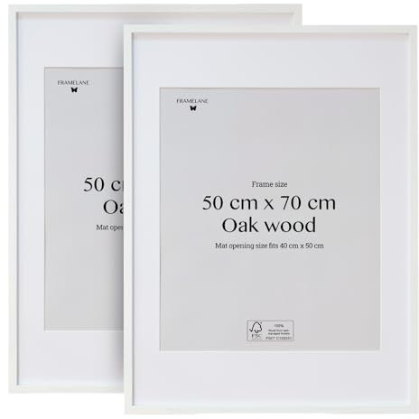 Framelane Set de 2 Marcos de Roble Blanco con Vidrio Acrílico Antirrayas y Passepartout, Marco Cuadro 50x70 Vertical u Horizontal para Decoración y Fotos