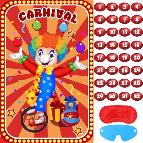 Zirkusspiele Pin The Nose on The Clown Karneval Partyspiele für Kinder Clown Party Supplies Zirkus Themed Geburtstag Party Dekorationen, Großes Clown Spiele Poster mit 32 Nasenaufklebern