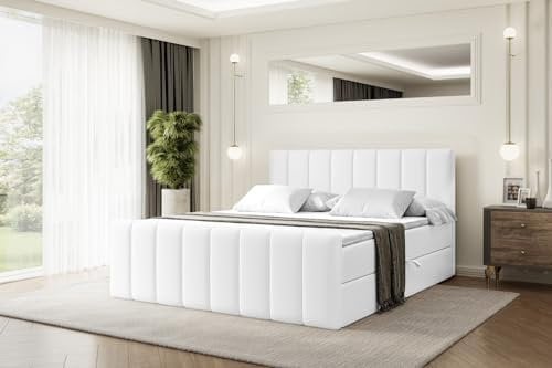 ALTDECOR Boxspringbett mit Matratze und Lattenrost, Boxbett, Topper, Fußteil, Polsterbett mit Bettkasten, Bett mit Stauraum H4-Matratze, Doppelbett, Springboxbett - OTTA-Z - 180x200 - Weiß Kunstleder