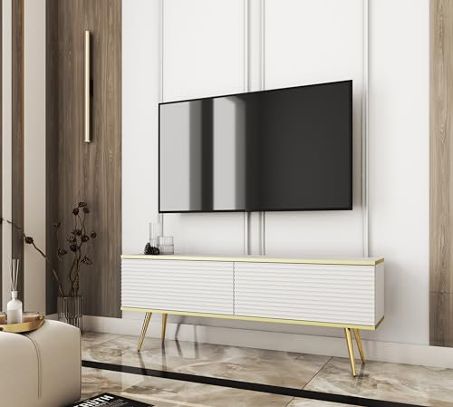 Meuble TV avec lamelles en Couleur Blanc avec Pieds en Or D : L : 135 cm, H : 53 cm, P : 32 cm