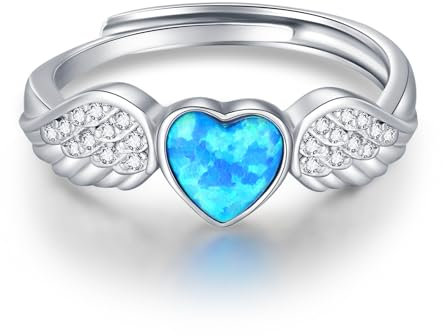 CHENGHONG Engelsflügel Ring 925 Sterling Silber Verstellbare Blauer Opal Herz Ring mit Engelsflügel Silber Engelsflügel Schmuck Geschenke für Frauen Mädchen…