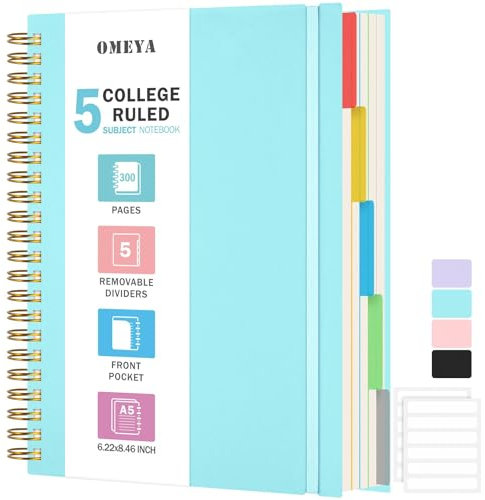Notizbuch, Notizbuch A5 Liniert, Notizbücher Mit 5 Fächern Und Herausnehmbaren Trennblättern, 300 Blatt 100GSM Spiral Notizbuch Softcover Zum Schreiben, Für Arbeit Und Schulbedarf, 15.8 x 21.5cm, Blau
