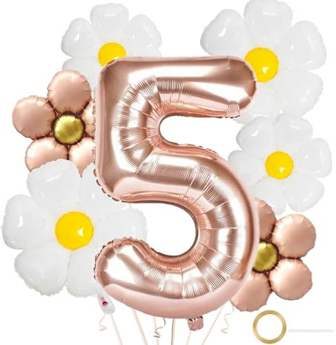 DazzJoy Geburtstagsdeko Mädchen 5 Jahre mit Gänseblümchen Folienballon, Luftballon Geburtstag 5 Jahre Mädchen, Ballon Geburtstag Mädchen 5 Jahre, Riesen Folienballon 5 Rosegold, 5 Geburtstag Mädchen