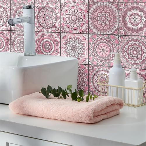 Fliesenaufkleber 15X15 CM Rosa Mandala Klebefliesen Küchenrückwand Folie Selbstklebende Fliesen Fliesenaufkleber Küche Badezimmer Fliesenfolie Vinyl Selbstklebend Wasserdicht