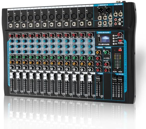 SIKUING Interfacer audio a 12 canali, mixer DJ mixer a 16 bit, effetto DSP USB Audio Mixer + 48 V Phantom Power Bluetooth Mixer per karaoke Studio Streaming Recording, Live Streaming
