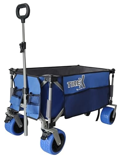 TIREX by xonic® Bollerwagen Vollgummi-PU-Universal-Räder - Robuster Transport-Wagen, faltbar mit Fußbremsen - Hand-Karre mit 2-Fach verstellbarem Griff - Unfold & Go (PU XL Räder, Blau)
