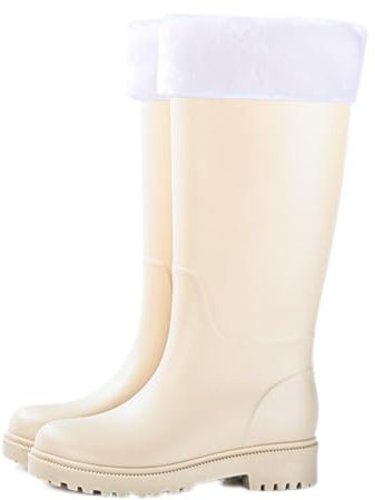 MIXSEN Stivali di Gomma Donna Pioggia Alti Impermeabile Wellington Boot Rain Boot Giardino Stivali(Alta Fodera Estraibile Beige,37EU)
