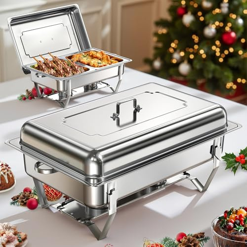 WARMOUNTS Chafing Dish Buffet Set 9L, Edelstahl Speisenwärmer für Catering, Hochglanzpoliert, Klappbarer Rahmen, Halterung, Großes Warmhaltebehälter für Party (2er Set 2x1/2+3x1/3 Einsätze)