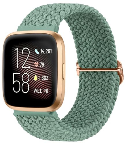 Mugust Armband für Fitbit Versa 2 Armband für Damen Herren, Weiches Verstellbares Geflochtenes Ersatzarmband, Elastisches Nylon Armband für Fitbit Versa/Versa Lite/Versa SE Armband (Kieferngrün)