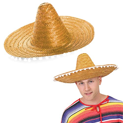 Sombrero mexicain orange – Lot de 1 – Sombrero en paille avec pompons blancs – Chapeau de paille pour déguisement idéal pour enterrement de vie de jeune fille/enterrement de vie de jeune fille, été,