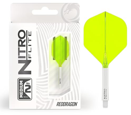RED DRAGON Darts – Nitro Flite Integriert Flüge & Schäfte System – No.2 Form und Design – Weiß und Gelb Farbe, Medium Länge