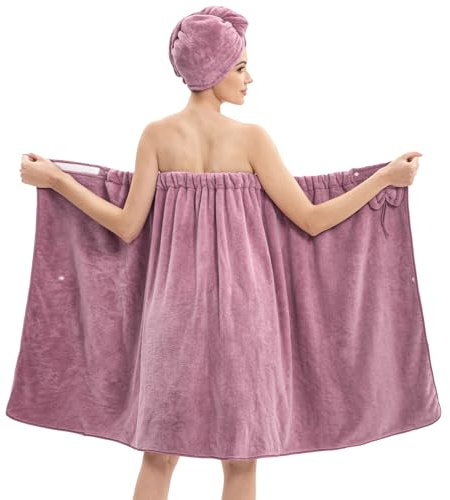 Women's Bath Towel Wrap with Hair Towel, Adjustable Soft Microfiber–Purple | Super Absorbent & Quick Drying Body Wrap with Velcro & Snap Buttons for Shower, Spa, Pool, Gym & Travel