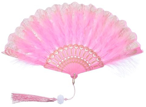 PATIKIL Embroidered Flower Marabou Feather Fan, 1920s Vintage Folding Handheld Fan Chinese Flapper Hand Fan for Costume Party Dancing Wedding Show Tea Decoration, Pink