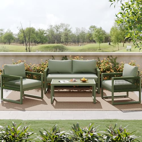 Zepneiy Salon de Jardin 4 pièces avec Structure en Fer galvanisé, Ensemble de chaises Longues en Corde Vert, Pieds réglables, Table avec Plateau en Verre, Vert (Tous Les Coussins Inclus)