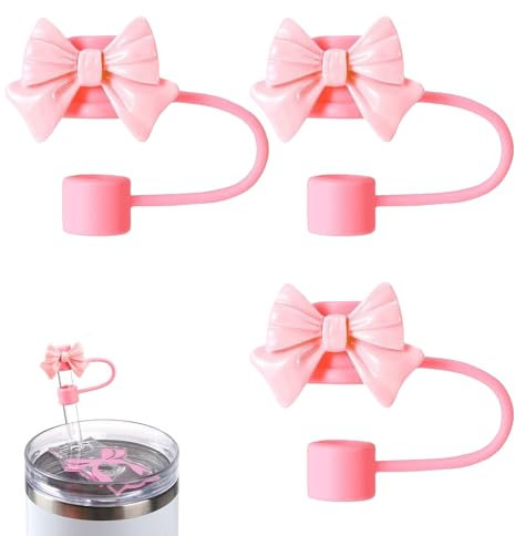 3 Pieces Pink Bow Straw Cover,Covers for Stanley Cup,Toppers Straws Accessories,Bows Topper Caps Silicone,10MM Reusable Dust Straw Toppers,for Compatible With 30&40 Oz Astanley,Snoopy Tumbler (Pink)