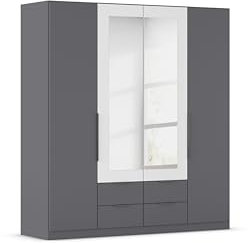 Rauch Möbel Belfast Kleiderschrank, Schrank, Garderobe, Organizer, 4-türig, mit Spiegel, 4 Schubladen, Farbe Grau metallic/Weiß, Schwarz, Kurze Griffleisten Grau metallic, 181x197x54cm