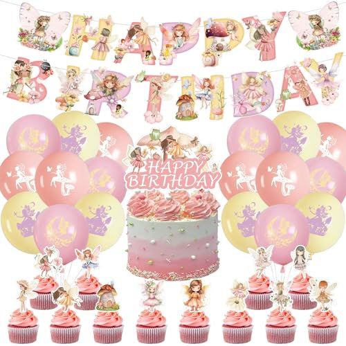 32 Stück Watercolour Fairy Themed Party Dekoration Set mit Happy Birthday Banner, Cake Topper und Cupcake Dekorationen und Latex Ballons für Mädchen Geburtstagsparty