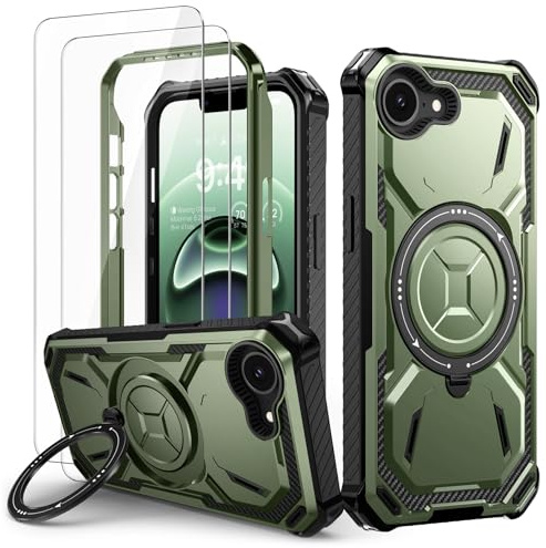 Lanhiem für iPhone 17e/16e Hülle, 360° Ring Ständer, Stoßfest Armor, Grün | mit 2 Stück Schutzfolie, Robust Bumper Schutzhülle, Militärischer Panzerhülle, Kratzfest Handyhülle für iPhone 17e/16e Case