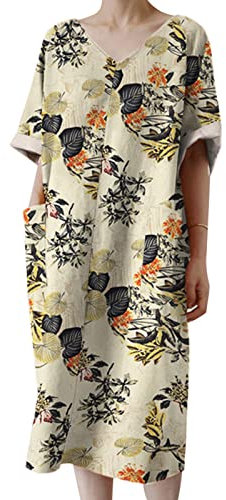 ZANZEA Women’s V Neck Long Sleeve Midi Dresses Floral Print Summer Casual Cotton Dress with Pockets Plus Size Beach Boho Dress Beige Floral XXL