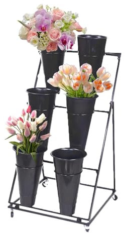 Blumenregal, Ständer, 2 Schichten, robustes Metall, bewegliches Schmiedeeisen, Blumenstraußregal, Eisen, Floristen-Blumenständer mit Kunststoffeimern und Rad für Garten, Hof
