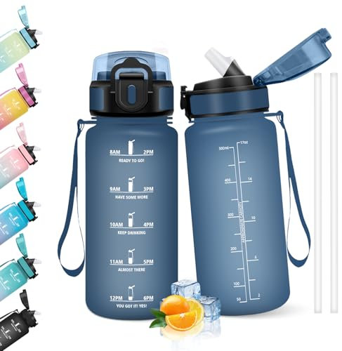 HoneyHolly Gourde Paille, Gourde 500ml, sans BPA & Étanches, Bouteille, Motivation Bouteille d'eau, Avec Marqueur de Temps, Petite Gourde pour Gym, Ecole, Cyclisme, Plein Air, Sport