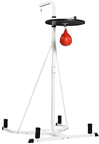 HOMCOM Support pour Sac de Frappe sur Pieds autoportant 2 en 1 avec Poire de Vitesse Hauteur de Plaque Ronde réglable, équipement d'entraînement en Acier Robuste pour Maison Blanc