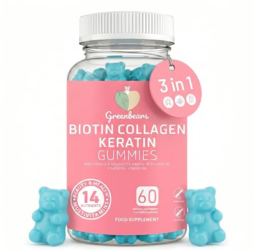 Biotin Collagen Keratin Gummies 5000mcg – Hair, Skin & Nails Support with Marine Collagen, Keratin, MSM & B-Vitamin Complex – 14 Nutrients – Sugar Free – 60 Raspberry Flavour Gummies – Greenbears