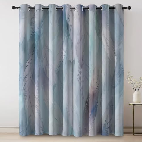 Fantasie Textur Federn Handgemalt H 245 x B 150 cm (2er Pack) 2er Set mit Ösen Blickdichte Vorhänge für Wohnzimmer & Wintergarten breite Fensterfront, Verdunkelung Schallschutz, Hellgrün