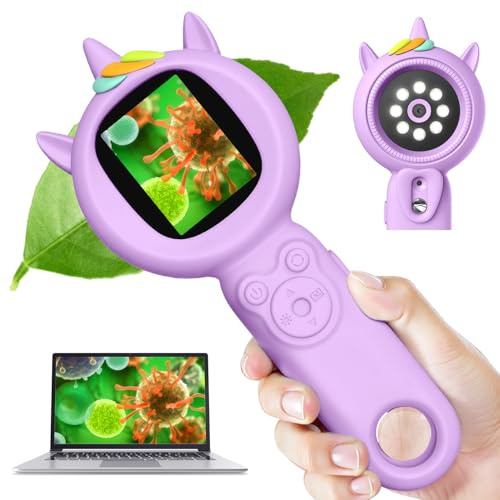 Acoath Mikroskop für Kinder, Autofokus Digitales Mikroskop mit 2,0-Zoll-Bildschirm, Wiederaufladbares Handy Mini-mikroskop 8 LEDs Weihnachten Abenteuer für Kinder 5 6 7 8 9 10 11 12