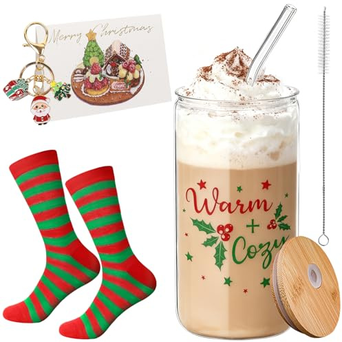 Weihnachtsgläser, Trinkglas Weihnachten Frauen Matcha Gläser mit Deckel und Strohhalm, Strohhalmbürste Weihnachtensocken Grußkarte Schlüsselanhänger für Geschenkset Weihnachten Christmas Gifts (C)