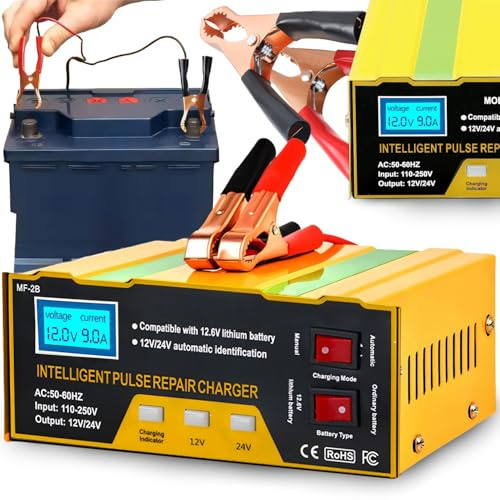 Retoo Autobatterie Ladegerät 12V/24V, Intelligentes Ladegerät für Auto,10A Motorrad, Boot, LCD-Display, Temperaturkompensation, Reparaturmodus, geeignet für Gel, Blei-Säure, 3Ah-300Ah