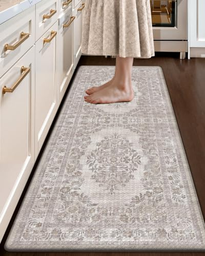 COLOR&GEOMETRY 10mm dick Vintage Küchenläufer rutschfest, 60x150cm, Khaki | Boho Küchenmatte aus Leder, Wasserfeste & ölbeständige Stehmatte, Küchenteppich Anti-Ermüdungs für Küche