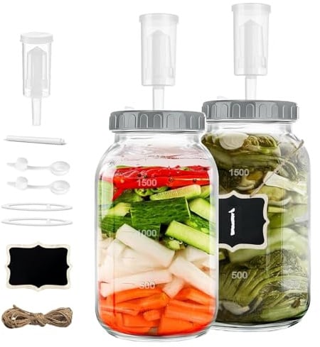 CAIEJSAEN 2 Stück Fermentationsglas 2L, Fermentiergläser mit Deckel und Gewicht, Gärbehälter, Sauerkrauttopf zur Herstellung von Sauerkraut, Kimchi, Eingelegtem, Alkoholischen Getränken usw