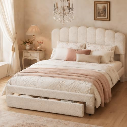Lit Teddy Beige 160x200 avec Sommier à Lattes, Tête Réglable en Hauteur avec Port USB, Lit Coffre avec Tiroir De Rangement, Cadre De Lit Capitonné Moderne pour 2 Personnes