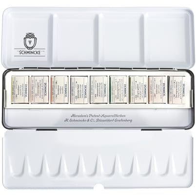 Schmincke – HORADAM Aquarell, Retro Metallkasten, Sonderedition Technische Töne, 9 ganze Näpfchen, historisch, 74 672 097, feinste Künstler-Aquarellfarben