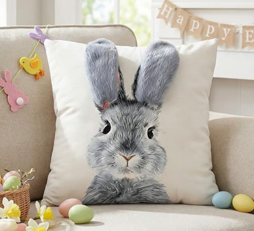 Luzzxfa Ostern Kissenbezug 40x40 cm Grau Kaninchen Osterdeko Kissenbezüge Mit 3D-Hasenohrenverzierung Kissenhülle Sofakissen Couchkissen Weich für Sofa Schlafzimmer Wohnzimmer Outdoor Garten 1er Set