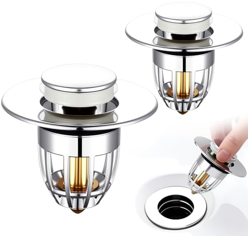 2PCS Bath Plug Replacement - Universal Brass Pop Up Sink Stopper with Hair Catcher Basket, Push Type Drain Strainer, No Overflow, Fits 34-40mm Basin & Bath