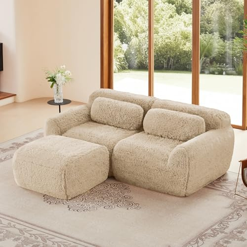Bladez Modulares L-förmiges Ecksofa Schlafsofa mit Hocker, Modernes Luxus Plüsch Boneless Couch, Ohne Montage, Cloud Polstersofa Extra Tiefer Sitzfläche für Wohnzimmer, Hellkhaki, 2-Sitzer+1