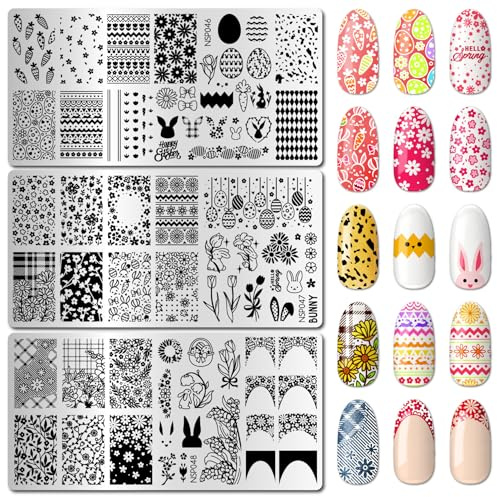 arriettycraft Spring & Easter Nail Stamping Plates Set of 3 - Flowers,Leaves, Bunnies, Eggs & French Tip for Seasonal & Holiday Nail Art Tools for DIY Print Manicure Salon Design Supplies
