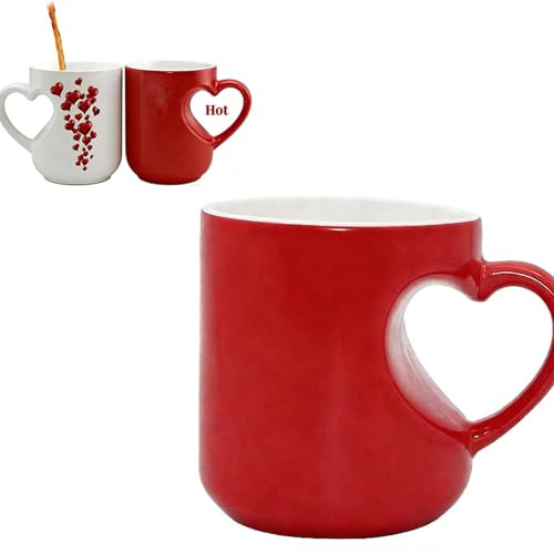 Herz-Farbwechsel-Tasse, Valentinstag-Tasse, herzförmig, farbwechselnde Keramiktasse, Geschenke für Freund, Freundin, Ehefrau, Ehemann (rot)
