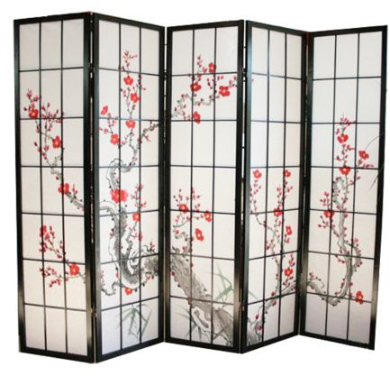 Paravent japonais fleur de cerisier en bois noir de 5 pans, L220 x H175 x P2 cm-PEGANE-