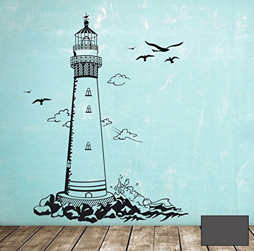 Wandtattoo Wandaufkleber Leuchtturm lighthouse Meer maritim M1465 - ausgewählte Farbe: *Dunkelgrau* ausgewählte Größe:*XL 100cm breit x 132cm hoch