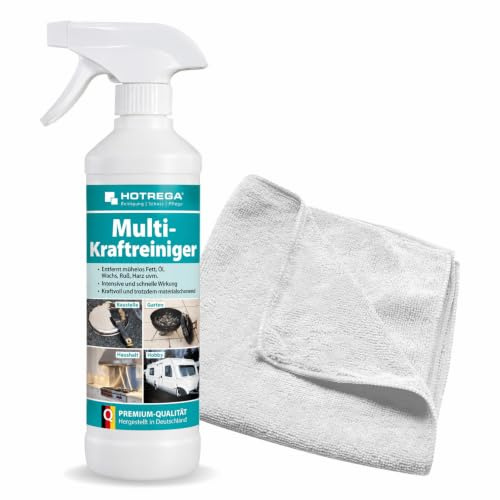 HOTREGA Multi-Kraftreiniger 500ml | Intensivreiniger gegen Fett & Öl | Inkl. Microfasertuch | Für Küche, Auto & Werkstatt | Entfernt Ruß, Nikotin, Harz, Wachs & Eiweiß | Gebrauchsfertige Formel