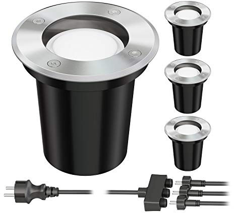 ledscom.de Bodeneinbaustrahler BOJA für außen Edelstahl rund IP67 108mm Ø inkl. GU5.3 LED (warmweiß, 23,5W, je 430lm, 100°) 4er Set