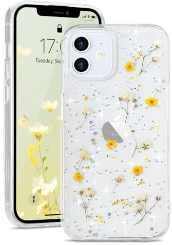 L-FADNUT for iPhone 12 Case for iPhone 12 Pro Case, Cute Real Dried Flowers with Sparkle Glitter Design, Clear Shockproof Handmade Pressed Floral Phone Case Protective Cover for Women Girls Yellow