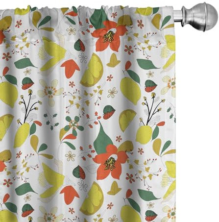 ABAKUHAUS Blumen Vorhänge, Gardinen, Frühlings-Zitronen-Blätter, Fensterbehandlungen für Wohnzimmer Schlafzimmer Dekor, 2 Stück 75 cm b x 175 cm h, Rot, Gelb, Grün Gelb Rot