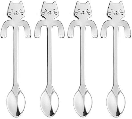 RuiChy 4pcs Cat Dessert Spoons Small Teaspoons Cute Stainless Steel Coffee Espresso Spoons for Tea Sugar Cake Ice Cream Tableware