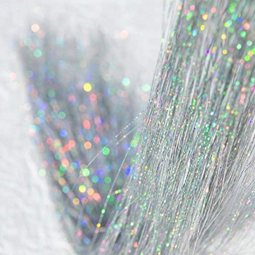 Haar-Lametta-Set mit Werkzeug, hitzebeständig, Glitzer-Haar-Lametta-Clip, 2 Möglichkeiten, funkelnde, glänzende Feenhaar-Lametta-Haarverlängerungen für Frauen und Mädchen zu binden, 91,4 cm, Silber