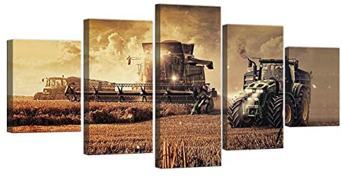 ZHONGYUTONG 5 Stück Bauernhof Traktor Leinwand Kunstdruck Herbst Landschaft Wandbild Residenz Gemälde Poster Moderne Heimdekoration (100x55cm, Rahmen)