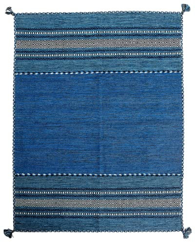 Riad Arredo Tappeto Kilim in 100% Fibra Naturale di Cotone Orientale Persiano Multiuso Camera Letto Soggiorno Sala Studio Corridoio Cucina (60 x 240 cm, Blu Mare)